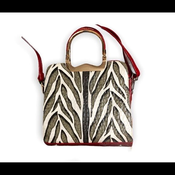 Zebra style print with red and gold accents shoulder tote purse. Patent leather - Picture 1 of 5